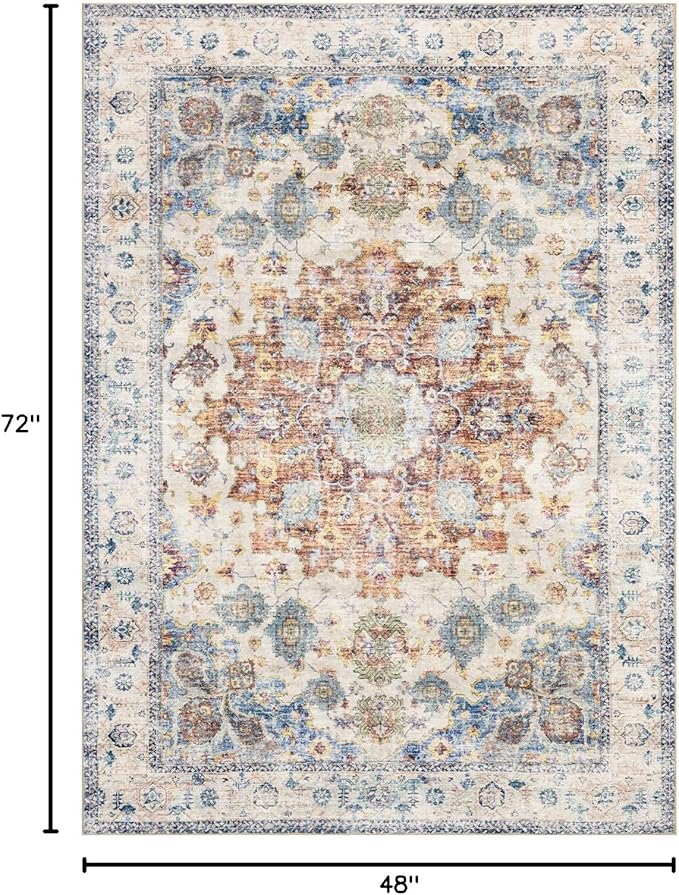 Area Rug 4×6, Vintage Boho Rug,Ultra-Soft Low Pile, Washable, Non Slip,Stain Resistant Printed Carpet for Living Room Bedrooms Playroom Office Kitchen, Blue/Red