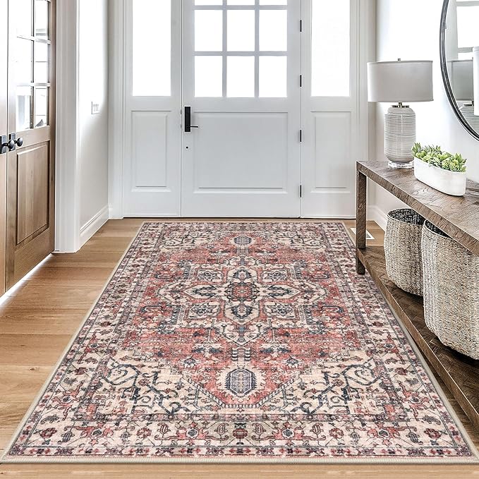 KOZYFLY Area Rug 4x6 Ft Washable Rugs for Entryway Non Slip Faux Wool Printed Throw Rug for Kitchen Bedroom Hallway Living Room Indoor Floor Decoration, Terracotta/Beige