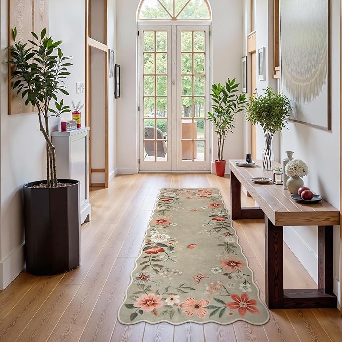 Lahome Floral Kitchen Runner, 2x5 Soft Washable Runner Rug Non Slip, Ultra-Thin Hallway Rug Stain Resistant Boho Carpet for ‎Laundry Bathroom Bedroom(2x5ft,Brown)