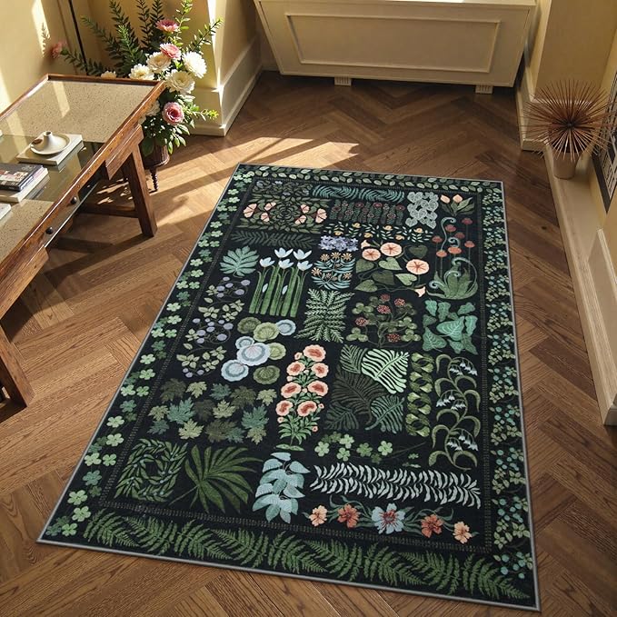 Floral Boho 3x5 Black Bathroom Entryway Kitchen Rug Non Slip Washable, Botanical Flower Area Rugs for Bedroom, Soft Modern Indoor Throw Carpet for Laundry Living Room Entrance (Black,3 x 5)