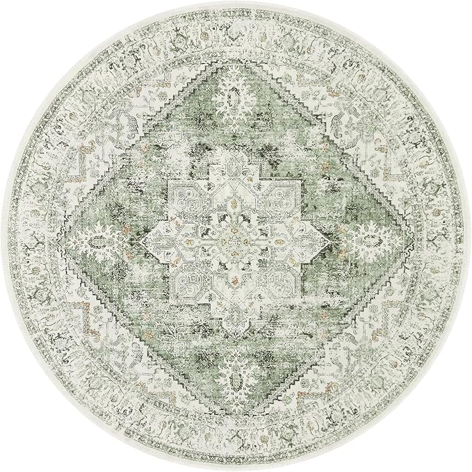 LIVEBOX Sage Green Round Rug 4ft, Vintage Tribal Circle Rugs for Entryway Foyer, Low-Pile Oriental Retro Rugs for Living Room, Stain Resistant Medallion Circular Rug for Bedroom