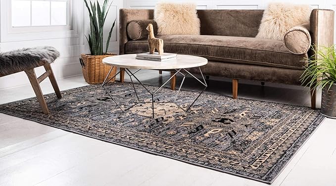 Unique Loom Taftan Collection Border Geometric Tribal Inspired Design Area Rug (5' 0 x 8' 0 Rectangular, Gray/ Black)