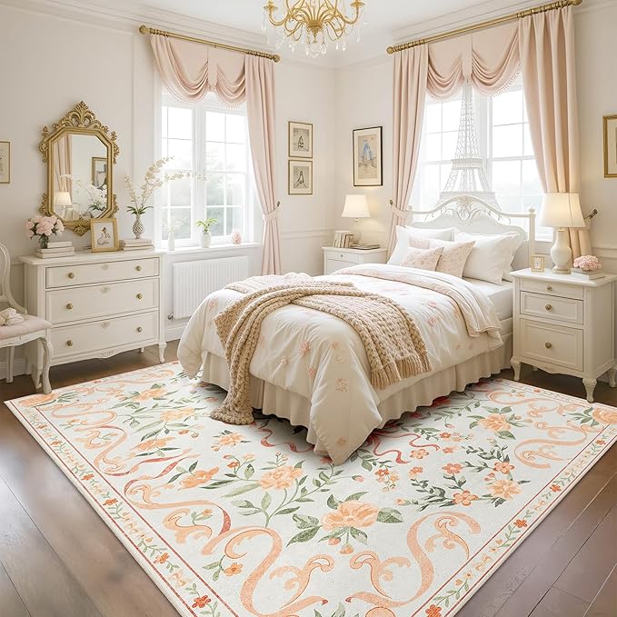 Orange Rug Bow Floral Rug for Girls, 5x7 Washable Area Rugs for Bedroom Living Room, Kitchen,Dining Room,Kids Room, Playroom, Cute Ultra-Thin Non Slip Low Pile Indoor Carpet