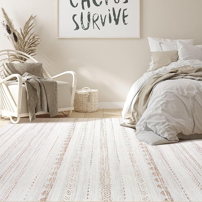 Nakagishi 8x10 Area Rugs Living Room: Washable Boho Large Neutral Soft Farmhouse Rug Stain Resistant Modern Moroccan Non-Slip Indoor Carpet for Bedroom Nursery Kids Playroom Office Dining Room- Brown
