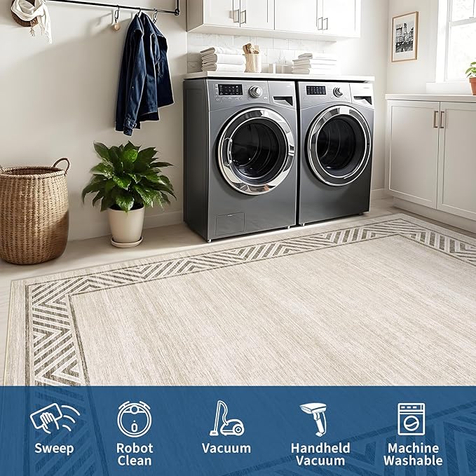 GarveeHome Modern Rugs for Living Room 8x10 Large Bordered Floor Mats with Non-Slip Backing, Stain-Resistant Bedroom Carpet, Foldable Geometric Indoor Rug for Dining Room, Kitchen, Beige