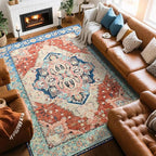 Large Area Rugs 8x10, Low Pile Washable Rugs, Soft Vintage Distressed Rugs for Living Room Bedroom, Office, Dining Room, Water Repellent & Non Shedding, Terracotta