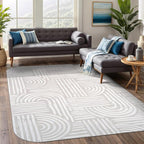 Beverly Rug Modern Geometric Area Rug 6x9 Low-High Pile Durable Soft Abstract Curved Indoor Rugs for Living Dining Room Office Stain Resistant Non Shedding Casual Indoor Carpet Beige White 6 x 9