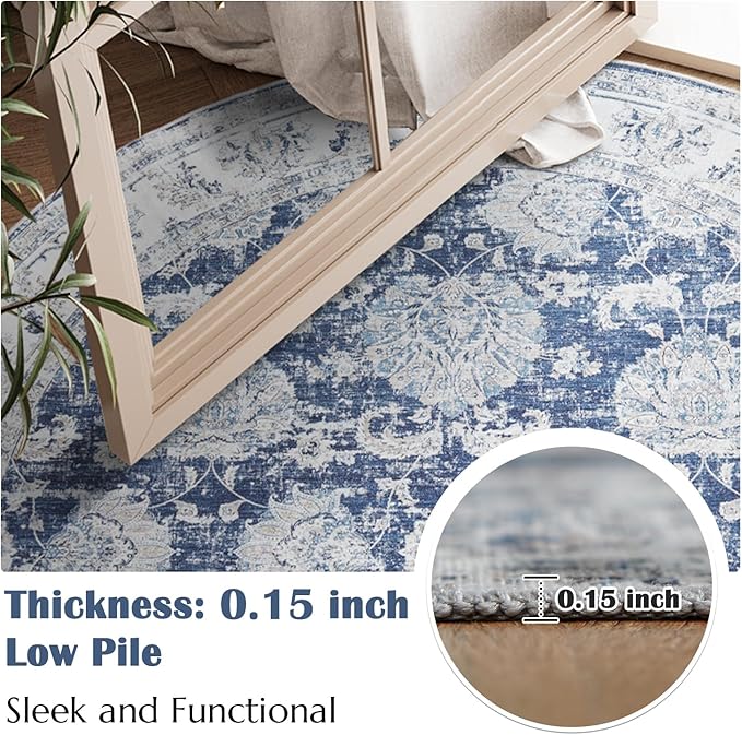 jinchan Fiora Round Rug 5ft Area Rugs Vintage Floral Distressed Design - Machine Washable Non-Slip Low-Pile Ultra-Thin Circle Rug for Entryway Bedside Living Room Bedroom (5' Round, Dark Blue)