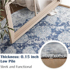 jinchan Fiora Round Rug 4ft Area Rugs Vintage Floral Distressed Design - Machine Washable Non-Slip Low-Pile Ultra-Thin Circle Rug for Entryway Bedside Living Room Bedroom (4' Round, Dark Blue)