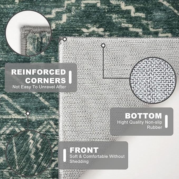 KILOCOCO Hallway Runner Rug 2'x8' Runners for Hallways Washable Runner Rug Non Slip Laundry Room Rug Low-Pile Rug Runner for Bedroom Kitchen Living Room Boho Rug, Green