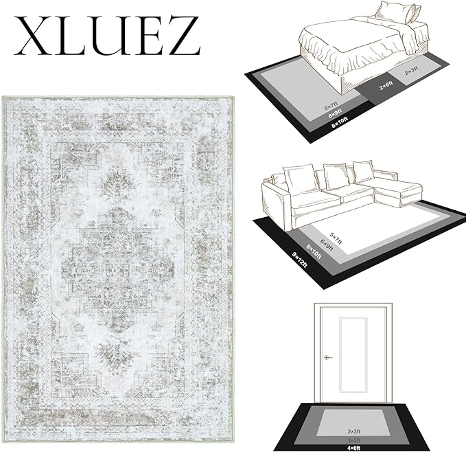Area Rug 5x7 Living Room Rug, Machine Washable Vintage Distressed Medallion Rug Non-Slip Soft Low Pile Large Indoor Rugs for Bedroom Kitchen Dining Room Office(Taupe,5'x7')