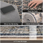 Washable 9x12 Area Rugs for Living Room, Boho Non-Slip Vintage Distress Lager Rugs for Bedroom Dining Room Nursery Office, 0.3" Neutral Oriental Throw Thin Carpet, Black/Brown/Blue/Multi