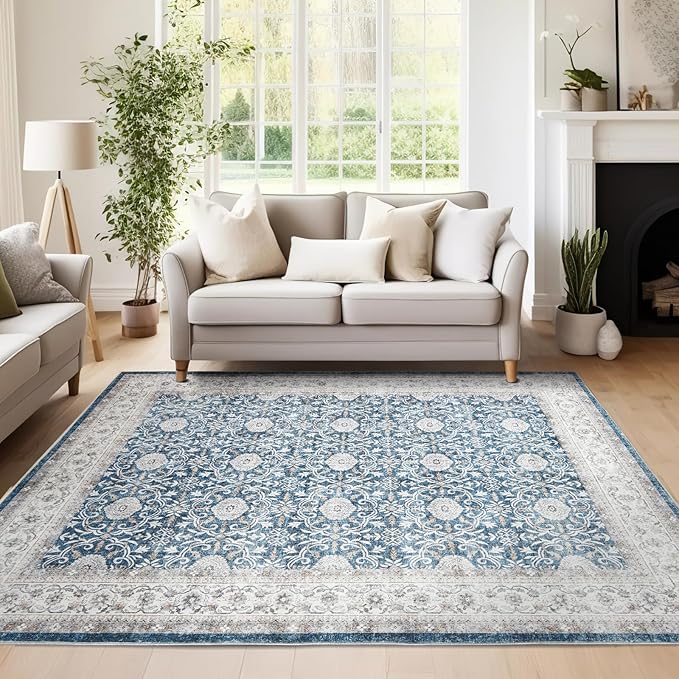 jinchan Floral Area Rugs 4x6 Machine Washable Vintage Distressed Boho Design Throw Rug Stain Resistant Carpet Low Pile Ultra-Thin Non-Slip for Bedroom Living Room Dining Room Kitchen(4‘x6', Drak Blue)