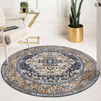 KOZYFLY Boho Round Rug 5 Ft Rugs for Entryway Washable Circle Rug Non Slip Doormat Gold Navy Printed Faux Wool Vintage Round Entryway Rug Floor Carpet Round for Entrance, Bedroom
