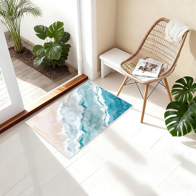Beach Pattern Small Rug 2x3ft Runner Rug Non Slip Washable Kitchen Runner Rug with Rubber Backing，Low-Pile Soft Indoor Door mats Washable Runner Rugs for Hallway Entryway Kitchen Bedroom