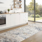 Washable Runner Rug for Hallway: 3x12 Neutral Modern Abstract Low Pile Area Rug with Non-Slip Backing - Carpet for Bedroom Kitchen Laundry Entryway Bathroom Indoor -Beige Blue