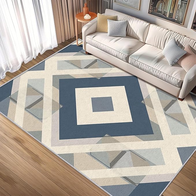 Geometric Rug, Washable 5x8 Rug for Living Room, Modern Abstract Patterned Indoor Carpet, Geometric Decor for Home, Bedroom, Soft Non Slip Thin Design FER99