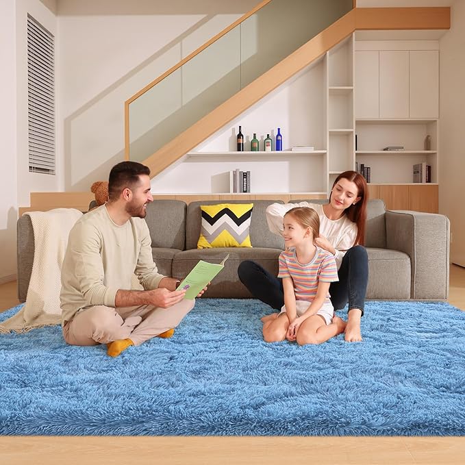 6x9 Blue Rug for Living Room Bedroom, Fluffy Large Area Rug Soft Shag Non-Slip Carpet for Kids Boys and Girls Room Dorm Home Decor (6ft x 9ft)