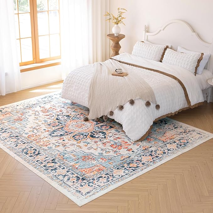 VK VK·LIVING Machine Washable Rug 4'x6' Vintage Design Washable Area Rugs with Non Slip Rugs for Living Room Bedroom Traditional Woven Carpet Stain Resistant,Home Decor Office Boho Rug, Blue&Orange