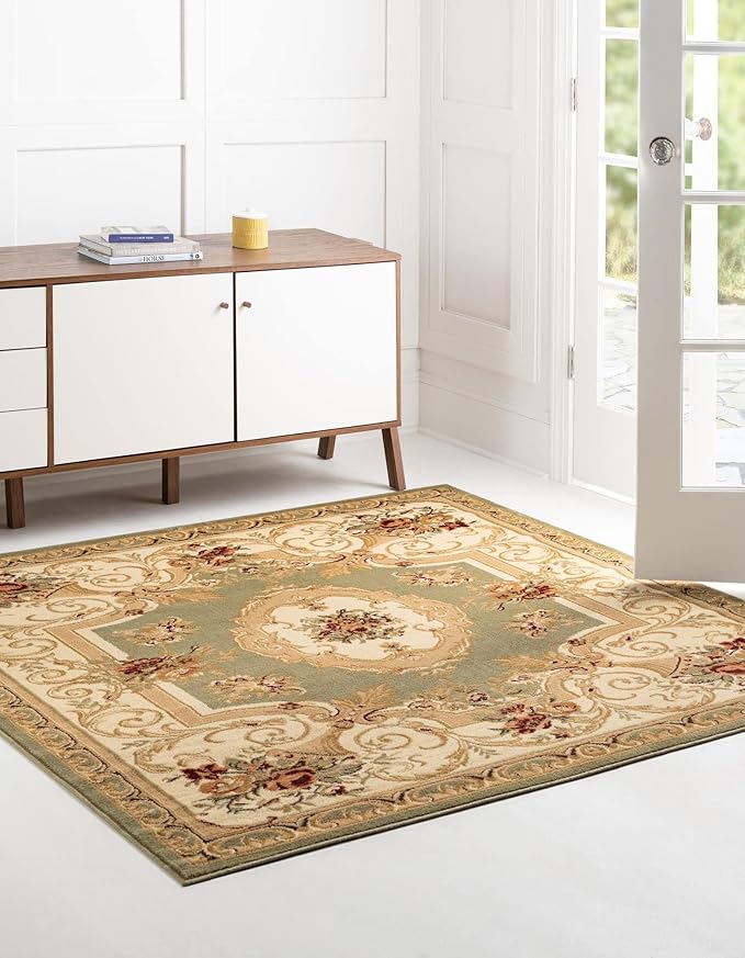 Rugs.com Chateau Collection Rug – 4 Ft Square Green Medium Rug Perfect for Living Rooms, Kitchens, Entryways