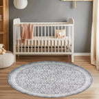 jinchan Round Rug 6ft Washable Circle Soft Rug - Low Pile Vintage 6'Round Indoor Grey Floral Print Stain Resistant Boho Carpet Ultra-Thin Non-Slip for Living Room Nursery Bedroom Dining Room Kitchen