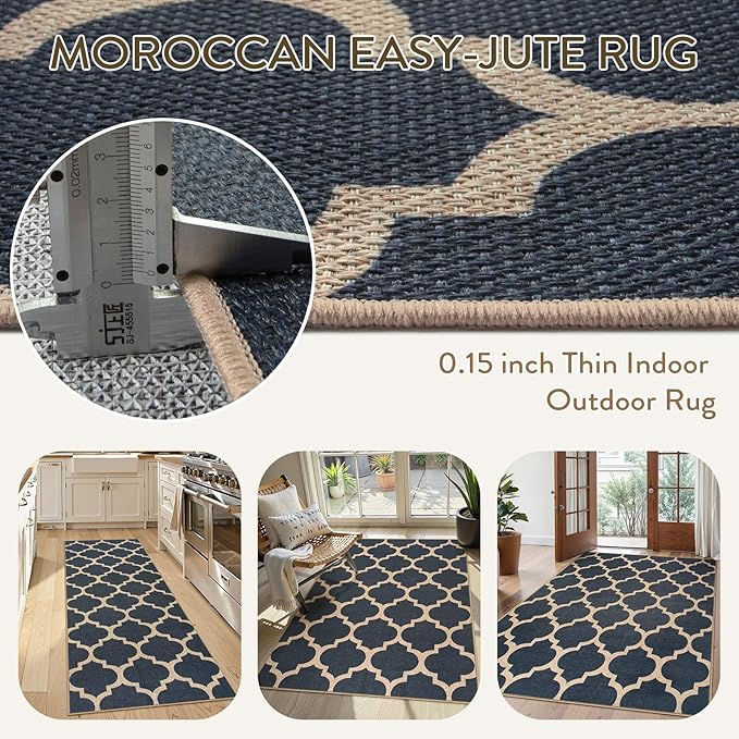 Lahome Moroccan Easy Jute Runner Rug, Blue Washable Runner Rugs for Outdoor Porch Hallway, Geometric Trellis Woven Long Carpet for Doorway, Thin Non Slip Outdoor Decor, 2'6'' x 8'
