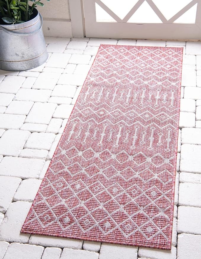 Unique Loom Outdoor Trellis Collection Area Rug - Tribal Trellis (2' 7" x 10' Runner Rust Red/Ivory)