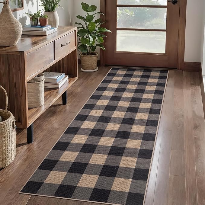 Tangsoo Checkered Easy Jute Runner Rug for Hallways,2x6 Washable Non-Slip Carpet Runner for Kitchen Bedroom Laundry Entryway Modern Black Grey Indoor Outdoor Floor Mat