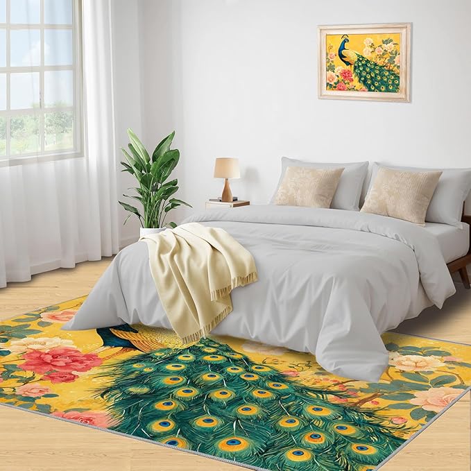 Classic Peacock Rug Large - 5x7 Rug, Peacock Peony Flower Washable Rugs for Living Room, Yellow Teal Turquoise Carpet, Non-Slip Area Rugs for Bedroom, Aesthetics Carpet - Peafowl Home Decor & Gifts