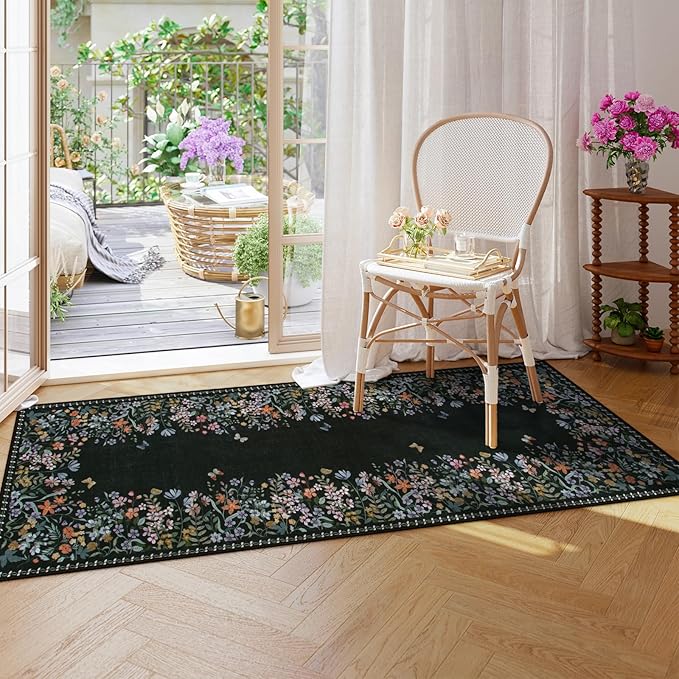 Lahome Boho Floral 2x6 Black Bathroom Runner Rugs Non Skid Washable, Rug Runners for Hallways Non Slip Kitchen Carpet Runner, Soft Runners for Entryway Laundry Bedroom(2x6ft,Black)