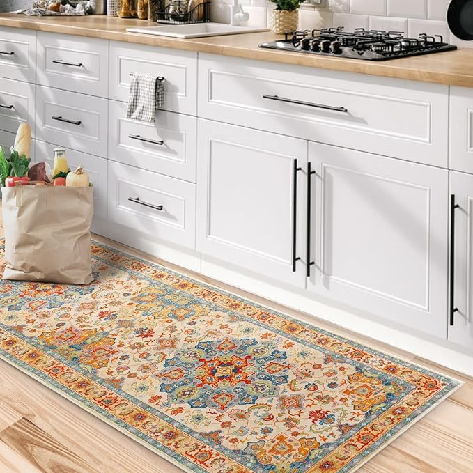 COMSLE Boho Runner Rug, 2' x 6' Washable Area Rugs for Hallway Faux Wool Small Distressed Indoor Door Mat Non-Slip Laundry Room Kitchen Carpet for Entryway Bedroom