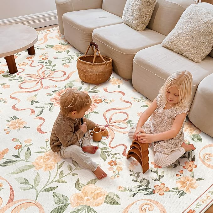 Orange Rug Bow Floral 8x10 Rug, Washable Area Rugs for Bedroom Living Room, Dining Room,Kids Room, Office,Playroom, Boho Modern Aesthetic Farmhouse Decor Non Slip Low Pile Carpet
