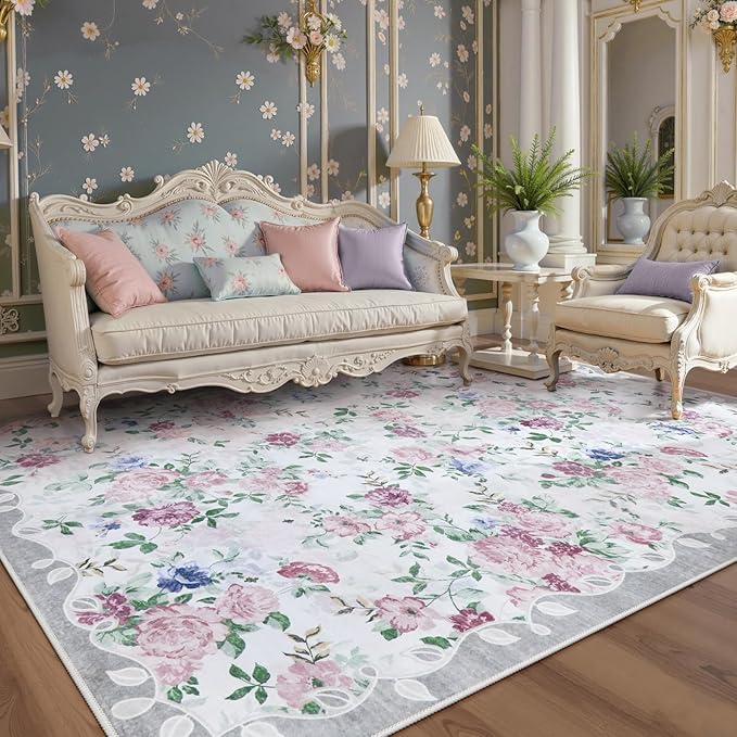 Lahome Vintage Floral 8x10 Rugs for Living Room,Large Boho Washable Rugs,Low Pile Bedroom Rug 8x10 Under Bed Carpet for Nursery Playroom Dining Room (Purple/Grey)