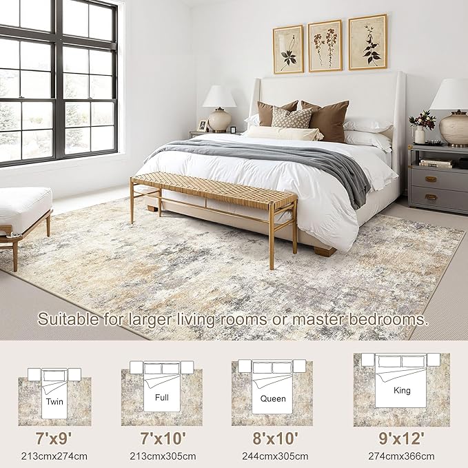 7x10 Area Rug Living Room Rugs - Washable Neutral Modern Abstract Soft Thin Large Rug Indoor Floor No Slip Rug Carpet for Bedroom Under Dining Table Home Office Decor - Golden Grey