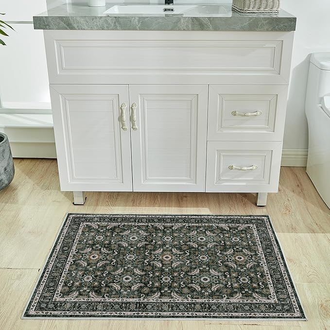 WITSHOCK Washable 2x3 Entryway Area Rug: Soft Non-Slip Backing Washable Rugs Vintage Flower Boho Accent Small Rugs for Bedroom, Kitchen, Bathroom, Nursery Entrance,Dark Green