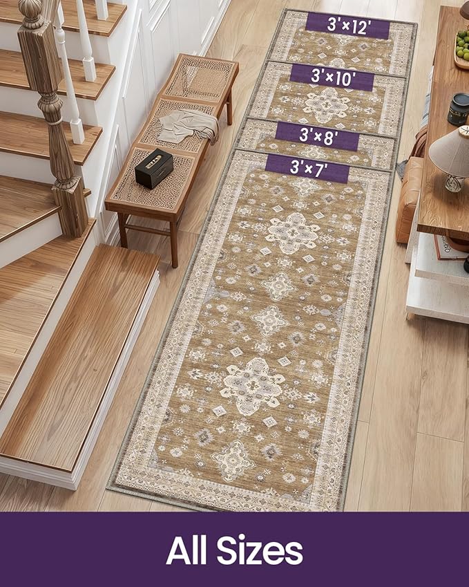 DEXI Hallway Runner Rug 3x8, Distressed Non Slip Runners Carpet, Boho Vintage Soft Thin Indoor Rug, Stain Resistant Washable Entry Mat for Entryway Kitchen Laundry Room Living Room, Light Brown