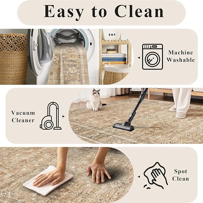 HelloTree Washable Rugs 5x7 Area Rug for Living Room, Vintage Boho Khaki Rug Non Slip Carpet Retro Accent Indoor Mat Print Distressed Low Pile Throw Large Rug for Office Bedside-Khaki