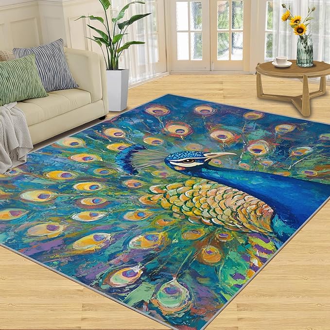 Peacock Rug Large - 5x7 Rug, Turquoise Teal Peafowl Washable Rugs for Living Room, Peafowl Decor Carpet, Modern Style Non-Slip Area Rugs for Bedroom, Aesthetics Carpet - Peafowl Home Decor & Gifts