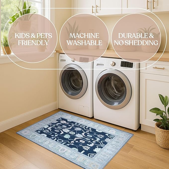 Fame Living Navy Blue Oushak Rug, Modern Small Rugs, Vintage, Turkish, Eclectic, Floral, Pastel, Washable, Door Mat, Doormat for Indoor Entrance, Entryway, Kitchen, Bathroom, Bedroom, Laundry, 2'x3'