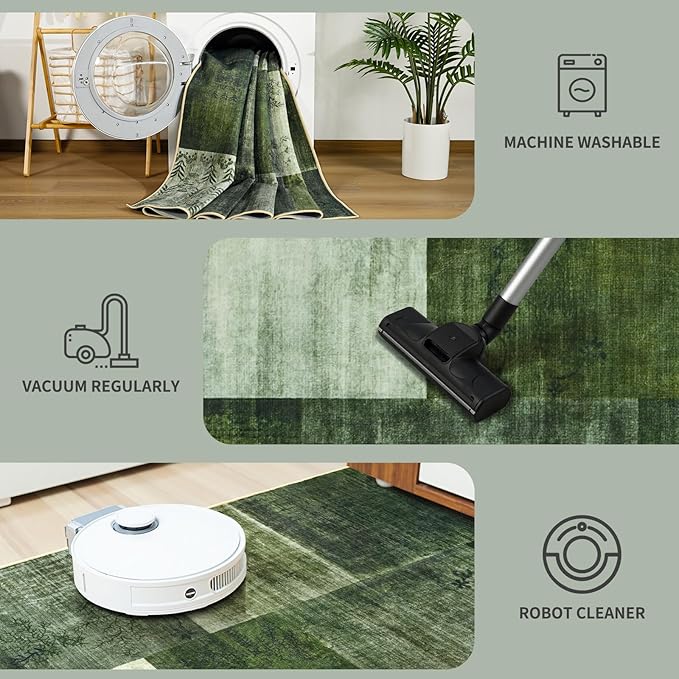 DweIke Washable Area Rugs for Living Room, 6x9 Large Bedroom Rugs, Geometric Print Non Slip Low Pile Indoor Throw Carpets for Bedroom Apartment Dining Room Home Office Hardwood Floor, Green