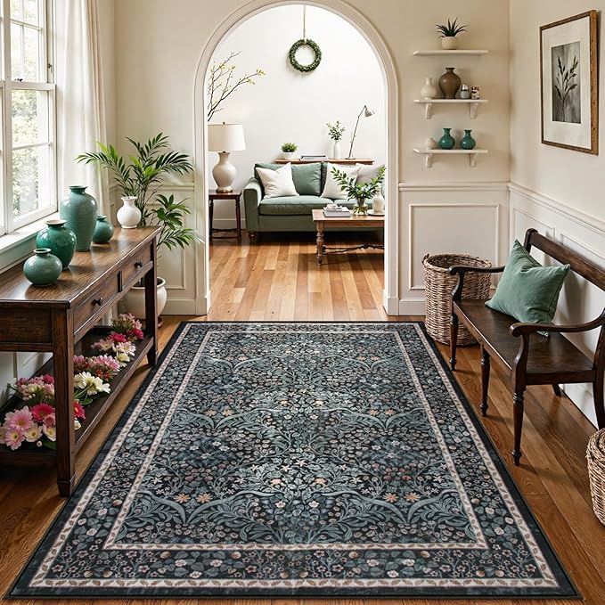 Lahome Floral Area Rugs 5x7, Soft Washable Rugs for Living Room Bedroom, Boho Non Slip Low Pile Forest Design Large Throw Carpet for Farmhouse Dining Room Office, Black