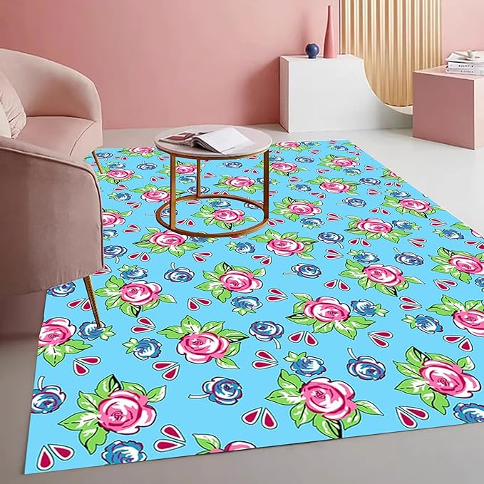 Vintage Floral Area Rug Pink Roses Blue Blooms on Sky Blue Background Romantic Cottage Core Carpet for Living Room Bedroom Dining Room Kitchen Home Office Washable Non Slip Thin Mat 10x12