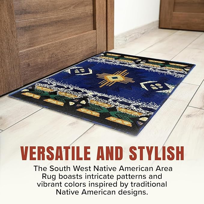 YHSF South West Native American Area Rug C318 - Easy Clean, Thick, Soft, Durable Native Tribal American Indian Inspired Rug for Bedroom/Living Room and More - Navy Blue, 2 ft 4 in x 10 ft 11 in