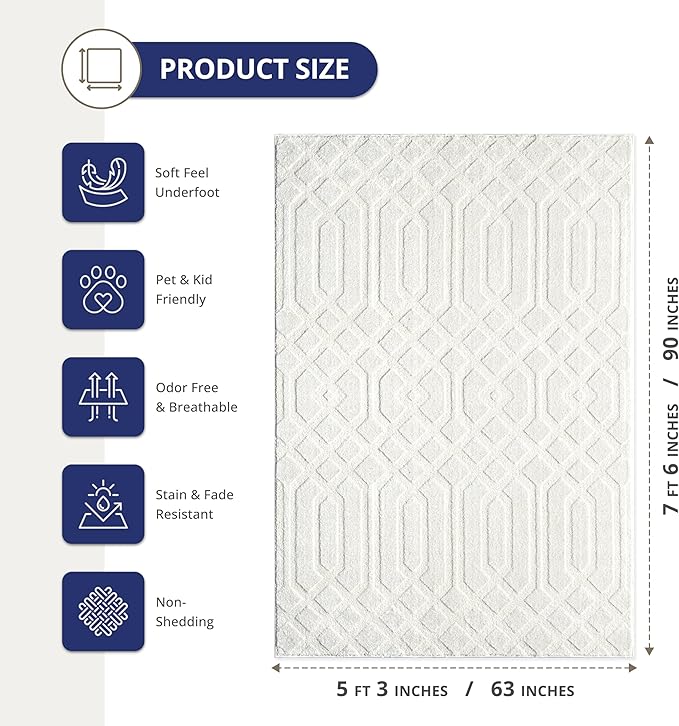 Abani Cozy Cream Area Rug for Living Room, Bedroom - Geometric Diamond Pattern - 5' x 8' - Durable & Easy to Clean
