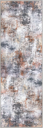 Modern Abstract Runner Rug 2x5, Grey Orange Multi Colorful Washable Kitchen Entryway Mat Non-Slip Soft Hallway Thin Print Faux Wool Carpet for Bedroom Laundry Room Indoor