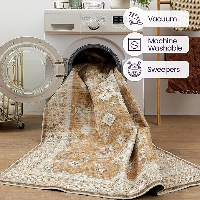 DEXI 8x10 Area Rug for Living Room, Washable Vintage Farmhouse Thin Rug Indoor Floor, Non Slip Stain Resistant Low Pile Carpet for Dining Room Bedroom Office, Light Brown