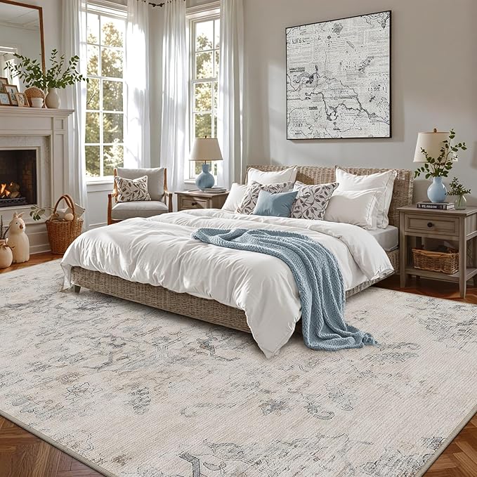 LUMI 8x12 Washable Area Rug for Living Room, Ultra Soft Vintage Rugs with TPE Non Slip Backing, Stain Resistant, Low Profile Carpet High Traffic for Bedroom, Dining Room
