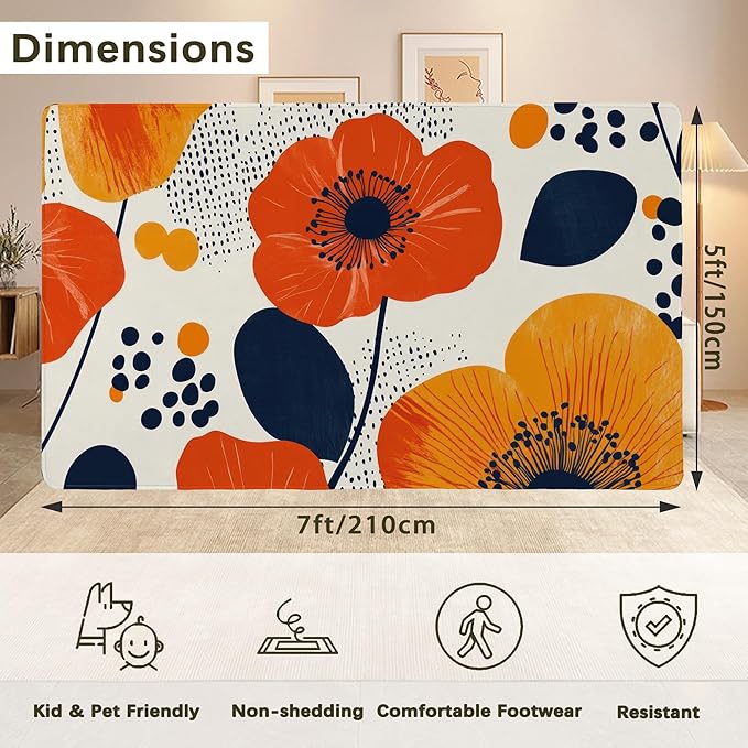Boho Orange Flowers Autumn Carpet for Living Room, 5x7 Non-Slip Washable Low Pile Abstract Design Rug, Space Saving Area Rug for Bedroom, Dining Room