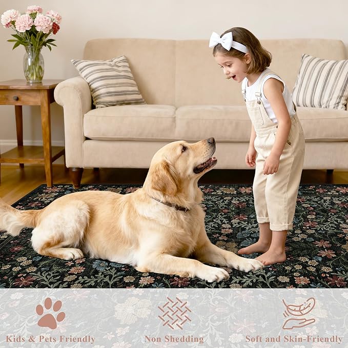 DUKINO 2x4 Rug for Entryway, Lightweight Washable Runner Rug with Non Slip Backing, Vintage Floral Low Pile Small Carpet Runner for Kitchen, Hallway, Entryway, Bathroom, Bedroom, Black