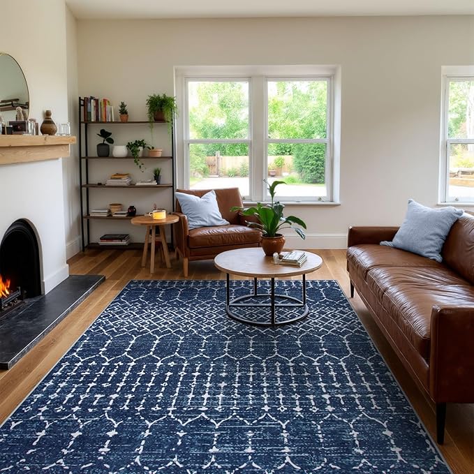 Lahome Moroccan Blue Rugs for Living Room Washable Rugs 8x10 Non-Slip Ultra-Thin Extra Large Area Rug Throw Stain Resistant Rug for Dining Room Table, Geometric Print Modren Rug for Bedroom Office